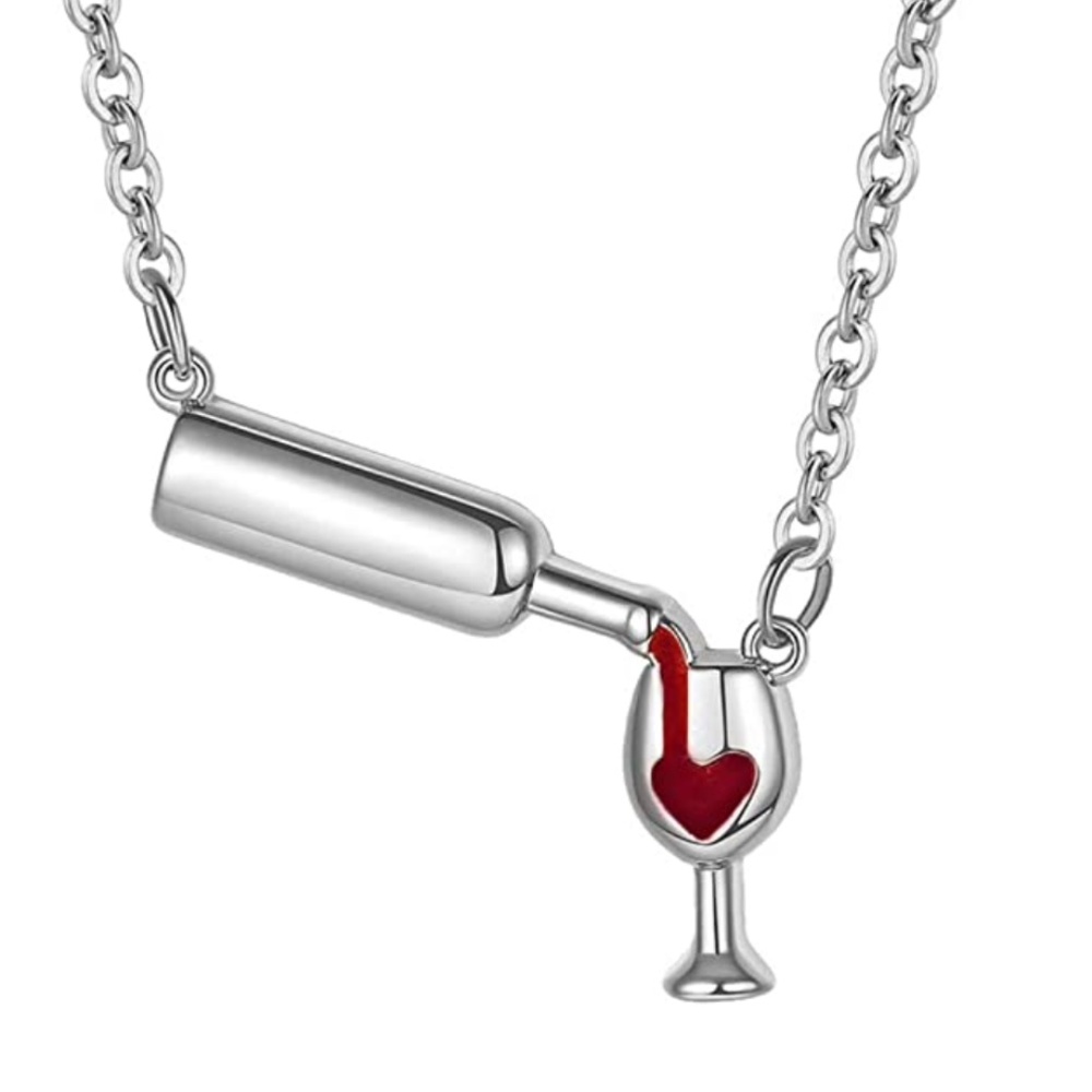 Wine Bottle & Glass Necklace Fun Novelty Jewelry